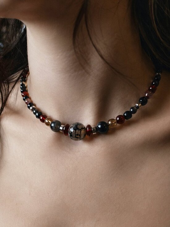 Handmade Jewelry - Whimsigoth Spiderweb Agate Choker Necklace, Black Onyx, Jasper, & Ruby Red Glass